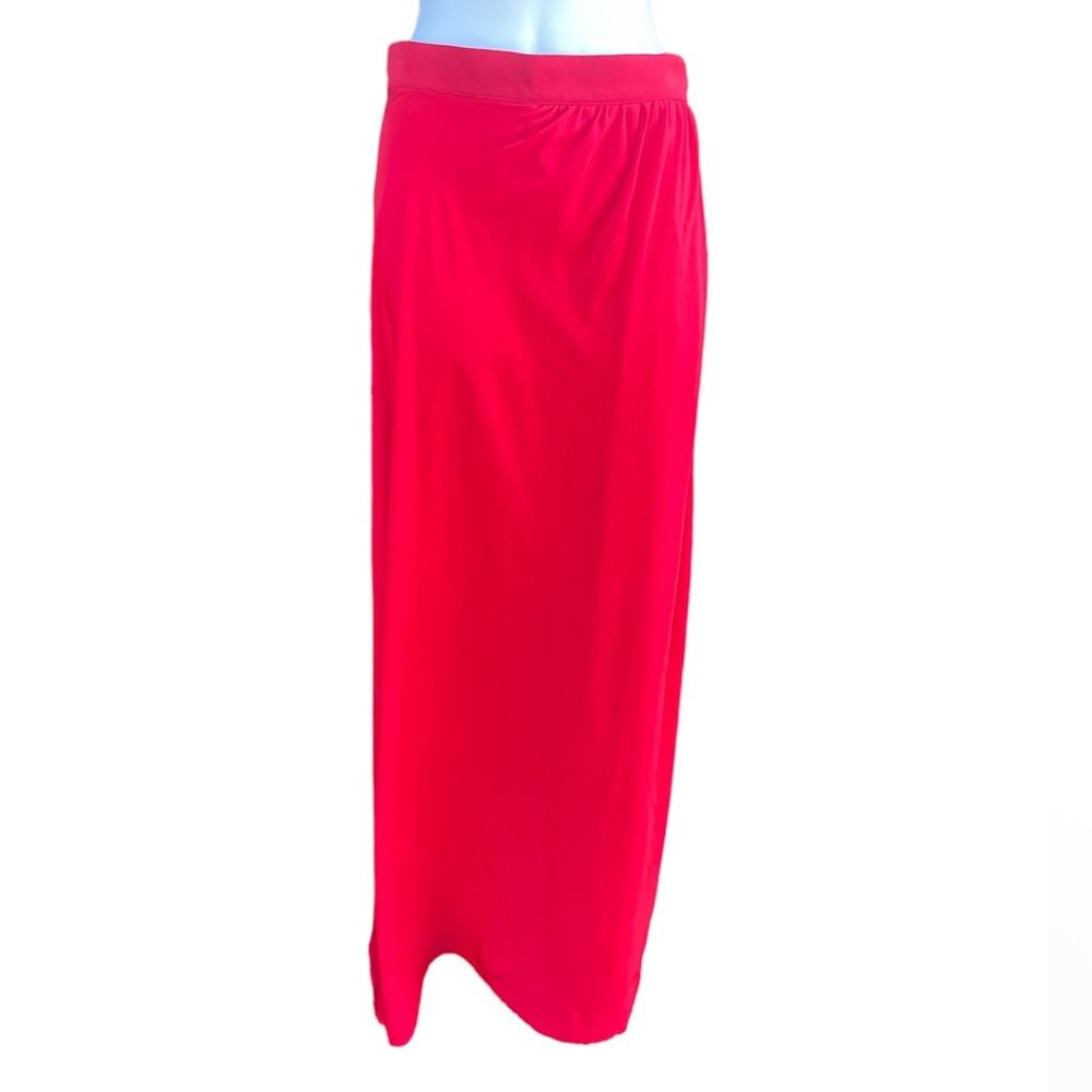 Assali red pleated high waisted long slit maxi skirt